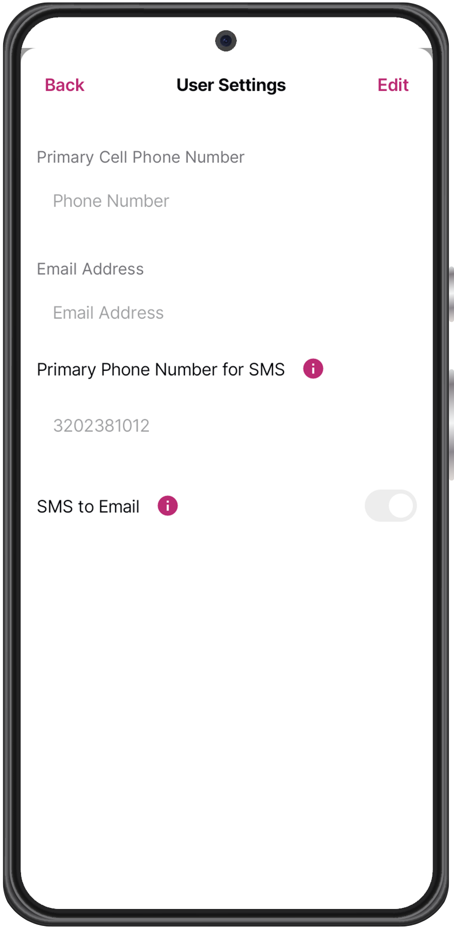 User settings in the fluentstream mobile application on android