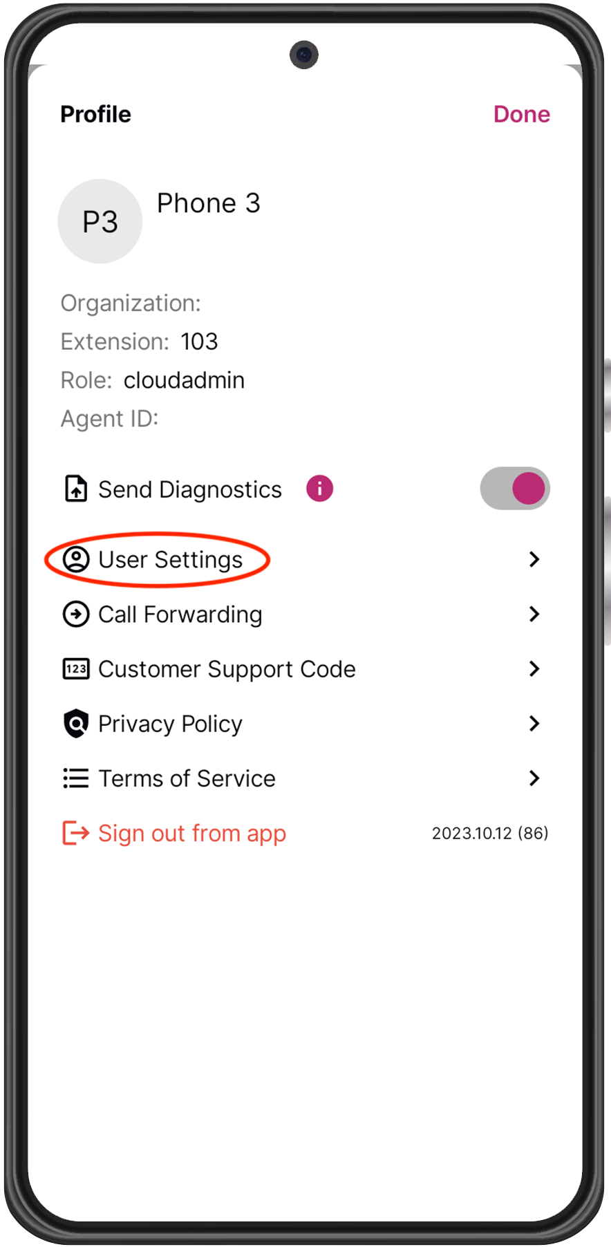 User settings in the fluentstream mobile application on android