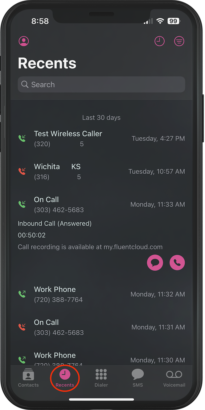Call history in the fluentstream mobile application on ios